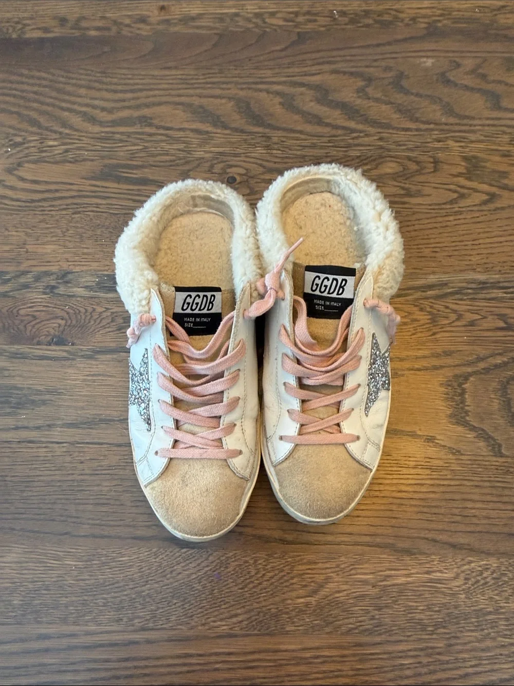 Golden Goose Women’s Beige & Pink Shearling-Lined Sneakers with Glitter Star